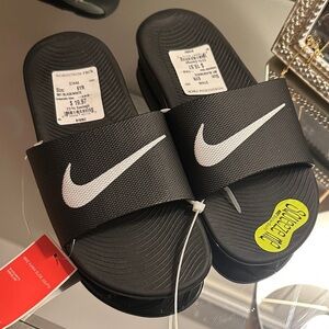 Nike Black Slides with White Swoosh Logo- NWT 6Y
